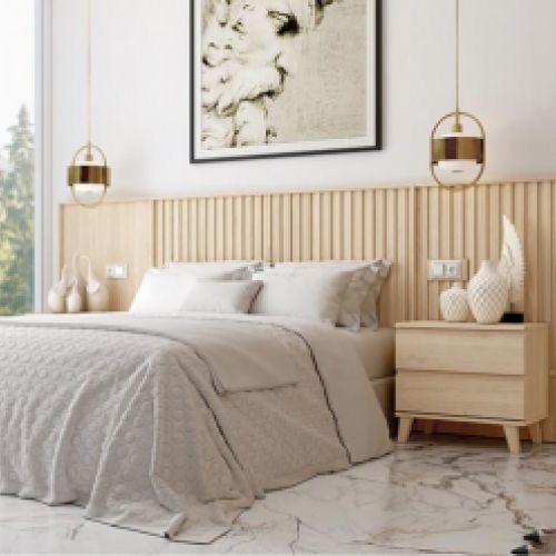 Cama matrimonio con mesilla y sinfonier en tonos madera claro