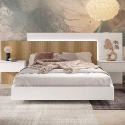 Dormitorio moderno con mesillas colgadas en el revestimiento de la pared