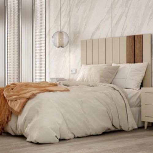 Cama matrimonio con mesilla en color madera claro