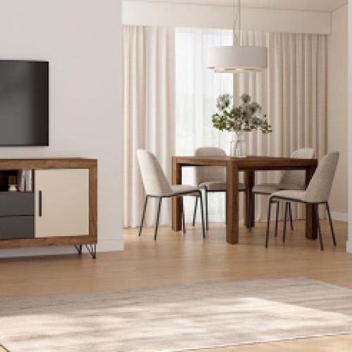 Vista de salón con mesa y sillas blancas