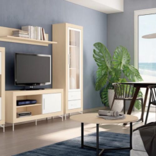 Mueble de salón blanco y madera
